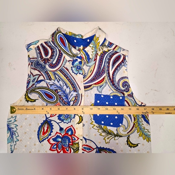 Chico's Red, White &Blue Sleeveless Scrolling Orient Button Up Blouse Size 0 - Picture 8 of 11